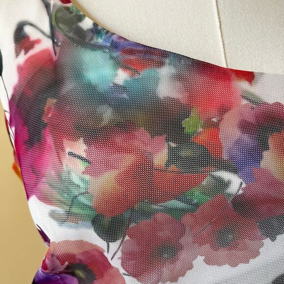 Joseph Ribkoff Floral Mesh Sheath Dress Watercolor Print Ruched Asymmetrical 12‎ - Picture 4 of 10